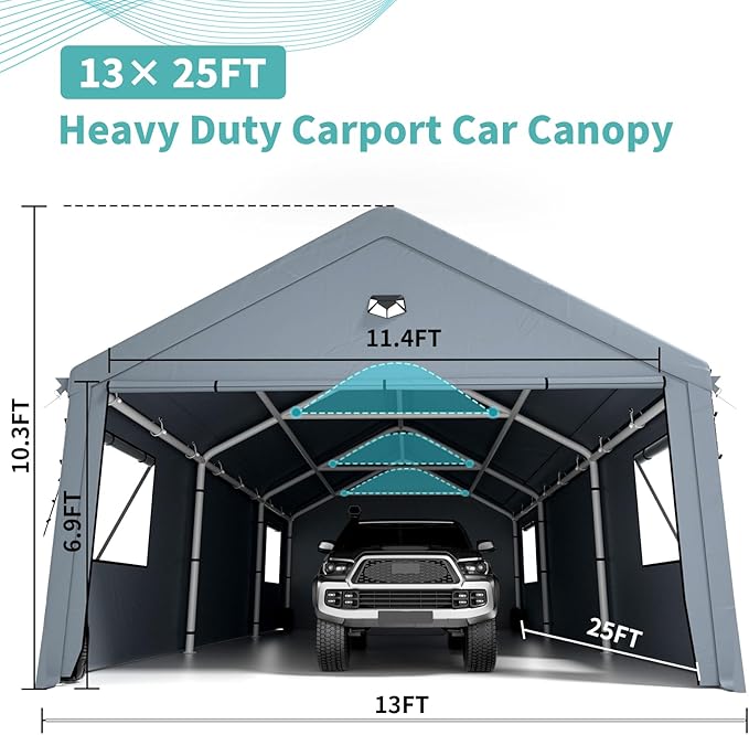 Carports 13X25 Heavy Duty,Car Ports with 180G Removable Side Wall,Portable Car Port Garage,Carport Canopy, Car Shelter All Weather,Grey