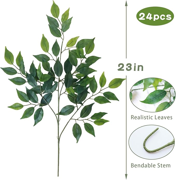 mizii 24pcs Artificial Greenery Stems Silk Green Leaves Fake 23in Ficus Garland Spray Plants Faux Greenery Decoration for Centerpieces Wedding Arch Flower Bouquet Table Home Decor (24)
