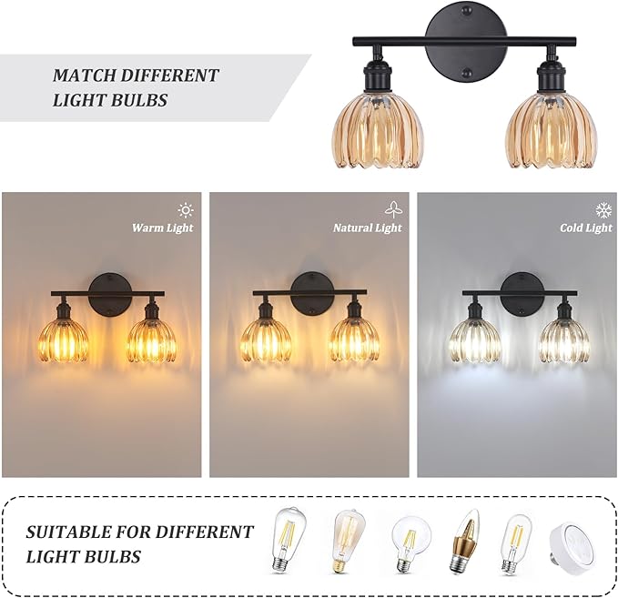 Bathroom Light Fixtures, 2-Light Black Vanity Wall Light Over Mirror with Amber Tulip Glass Shade for Bedroom Living Room