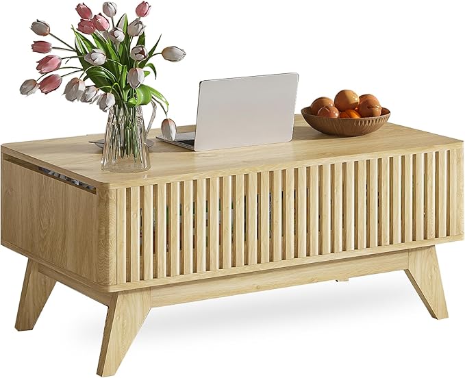 Lift Top Coffee Table with Hidden Compartment, Mid Century Modern Coffee Table for Living Room, Fluted Design Farmhouse Center Table with Storage (Wood, 35.4" W)