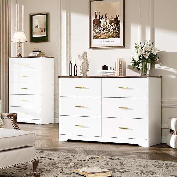LIDYUK White Dresser for Bedroom, 6 Drawer Dressers & Chests of Drawers, Modern Wood Dresser, 48 Inches Wide Chest of Drawers for Bedroom, Hallway, Living Room