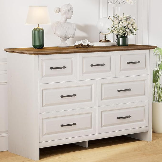 Pipishell White 7 Drawers Dresser for Bedroom, 47" Wide Wood Rustic Chest of Drawers with Bar Handles, Farmhouse Storage Dressers Organizer for Bedroom, Living Room, Hallway, Brown & White