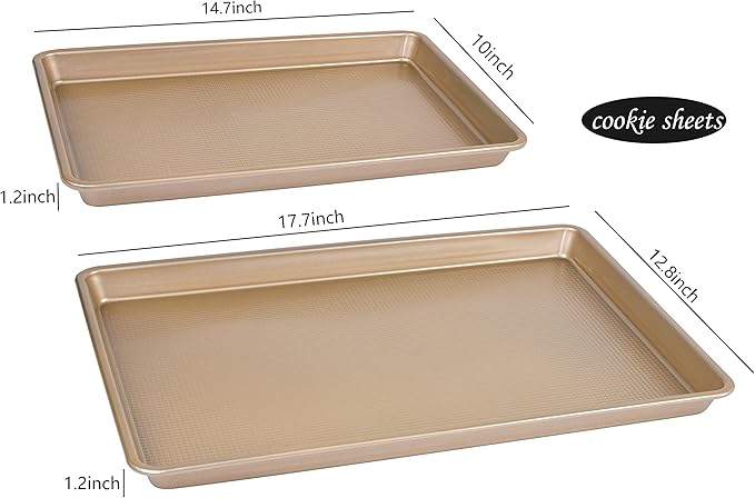 Kitcom Nonstick Bakeware Sets Textured 6-Piece with Cookie Sheet Set, Roasting Pan, Round Cake Pan, Loaf Pan, Heavy Duty Carbon Steel Premium Baking Pans, Champagne Gold