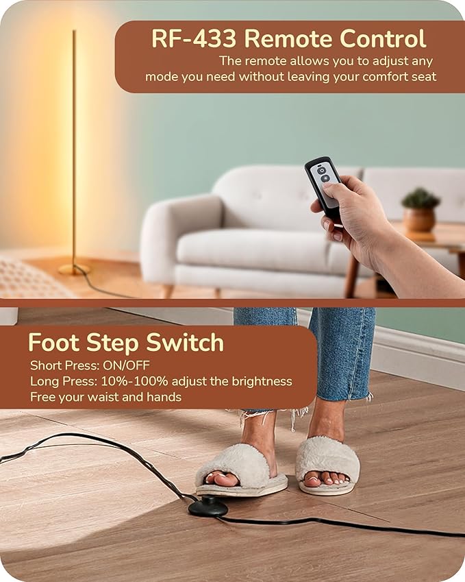 EDISHINE LED Corner Floor Lamp with Remote, 57.5" Minimalist Dimmable Corner Light, Tall Floor Lamps for Living Room, Bedroom, Office, 3000K Warm White Light (Gold)