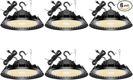 6Pack LED High Bay Lights, 240W UFO High Bay LED Shop Lights, 36000LM Adjustable CCT(5700K 5000K 4500K) & Power(240W 200W 150W), 0-10V Dimmable, 5' Cable Plug, IP65 Waterproof, ETL & DLC Listed