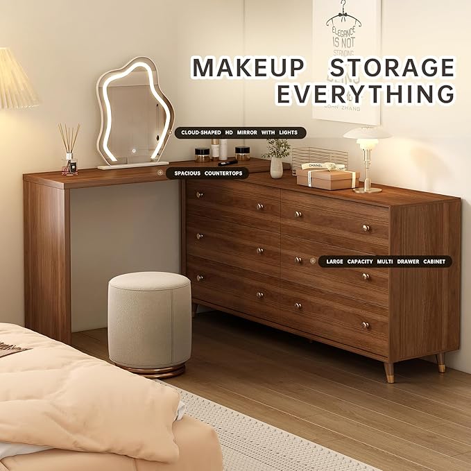Makeup Vanity Desk with Cloud HD Lighted Mirror, 60-100in Extendable Modern Vanity Table, 6-Drawer Solid Wood Frame Storage Cabinet, Dressing Table for Bedroom, Brown