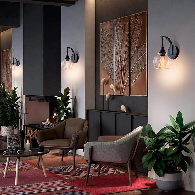 Black Wall Sconces Set of Two,Modern Wall Sconce Light with Clear Glass Shade,Bathroom Vanity Light Fixtures,Farmhouse Wall Lights for Living Room, Hallway,Kitchen