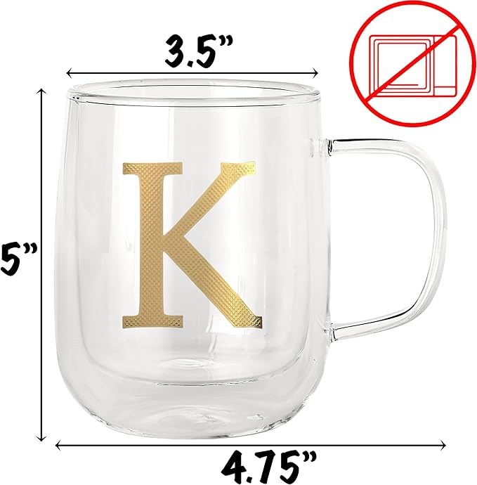 COLLECTIVE HOME - Double Walled Glass Coffee Mugs, Insulated Coffee Mug with Handle, Personalized Gifts for Women, Men, Christmas, 14 oz Monogram Cups (K)