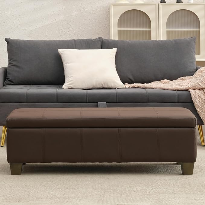 51 Inch Brown Faux Leather Ottoman with Storage, Rectangular Extra Long Bench, End of Bed Bench with Large Storage for Bedroom, Living Room