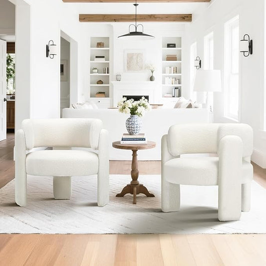 COLAMY Modern Accent Chairs Set of 2, Upholstered Barrel Chairs, Comfy Sherpa Side Arm Chairs with 3 Legs for Living Room, Bedroom, Reading, Cream