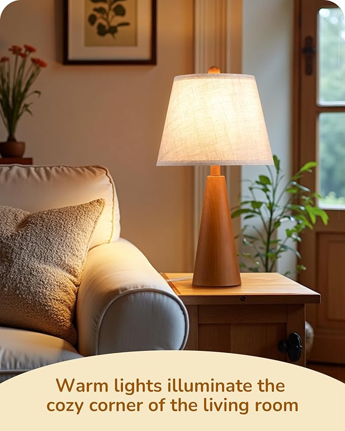 EDISHINE 21.85" Farmhouse Table Lamp, Rustic Bedside Lamp, Water Transfer Rose Wood Grain Metal Base, Beige Linen Shade, Modern Nightstand Light for Living Room, Bedroom, Office, E26 Base