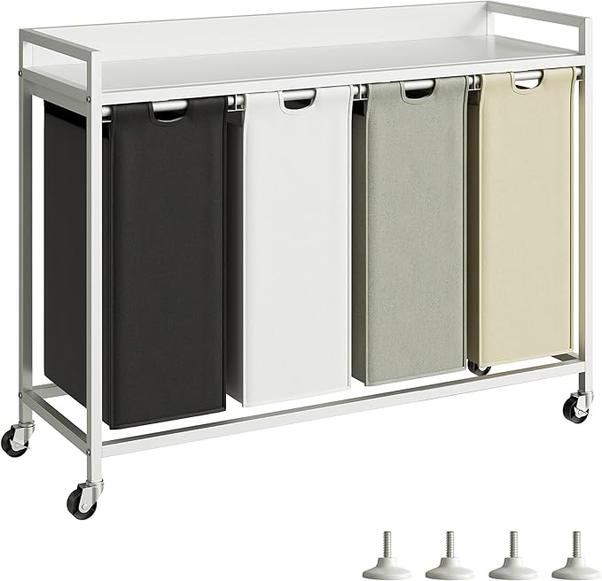 Laundry Hamper with Shelf, Laundry Basket 4 Section, Laundry Sorter with Pull-Out Removable Large 4 Color Bags and Movable Wheels, Metal Frame, 4 x 15.87 Gallons (60L), White PF07XLE