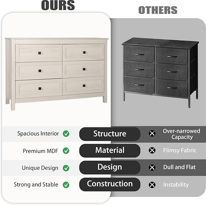 Farmhouse 6 Drawers Dresser, Wood Double Dresser Chest of Drawers Wide Storage Organizer Cabinet for Bedroom, Living Room, Rustic Beige