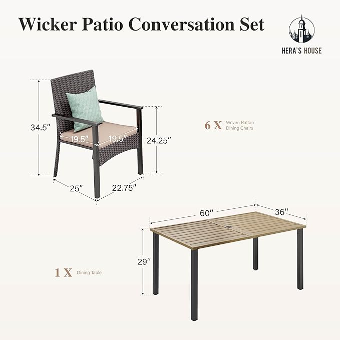 HERA'S HOUSE 7 Pieces Patio Dining Set, 6 x Outdoor Rattan Armchair with Beige Removable Cushions,1 x Rectangular Metal Dining Table with Wood-Look Finish for Patio, Lawn, Garden, or Porch
