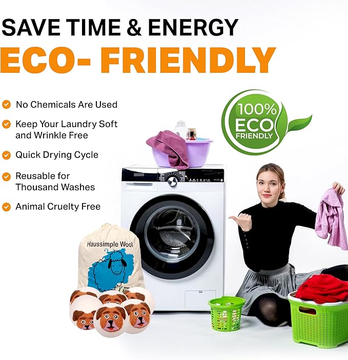 Wool Dryer Balls Organic Felt 6 Pack Laundry Fabric Softener, Extra Large Reusable Handmade Natural Sheep Wool Lint Wrinkle Free Anti Static Baby Safe (Orange Dog)