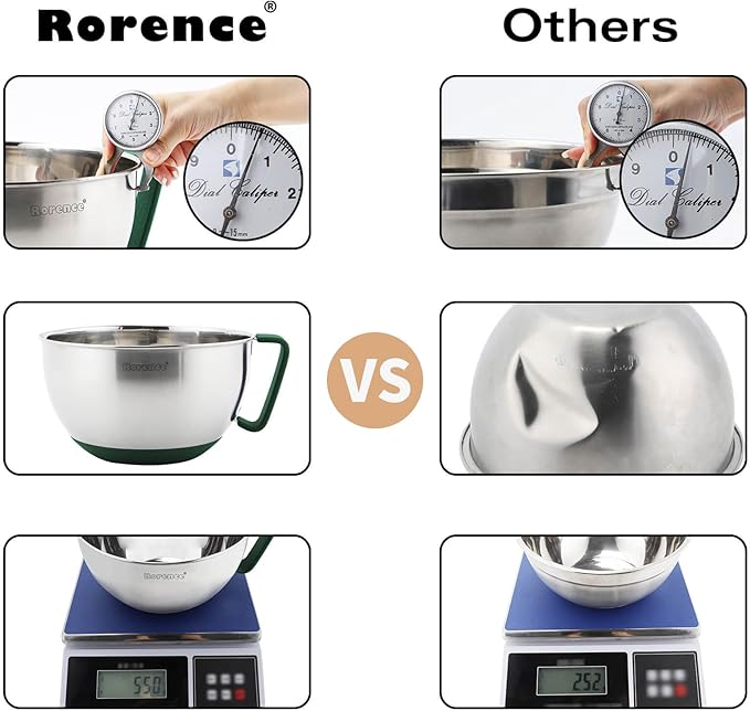 Rorence Mixing Bowls Set: Stainless Steel Non-Slip Bowls with Pour Spout, Handle and Lid - Set of 3 - Green