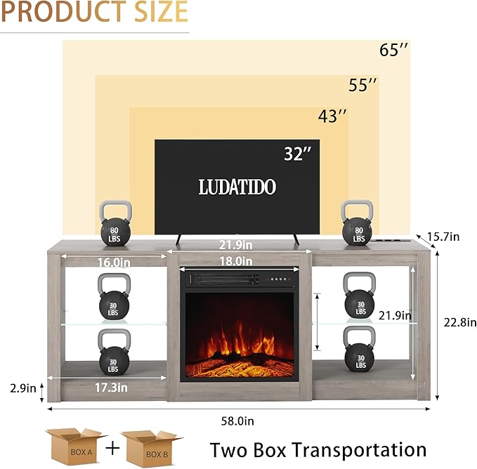 Ludatido 58 Inch TV Stand with 18 inch Fireplace Insert LED Light Entertainment Center Electric Fireplace TV Stand with USB&AC Power Interface for Living Room/Bedroom/Media Room Use(Gray)