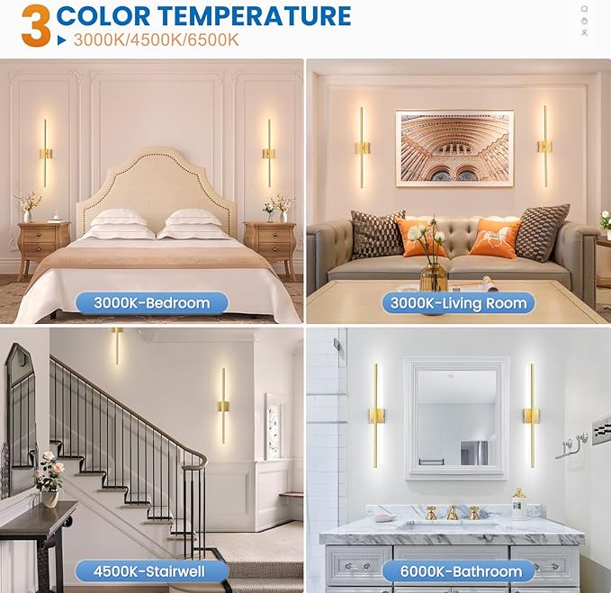 NIORSUN 28 Inch Battery Operated Wall Sconce Set of 2, 360° Rotation Gold Rechargeable Wall Lights with Detachable Tube and Remote, 3CCT Dimmable Wireless Wall Lamp for Living Room Bedroom Hallway