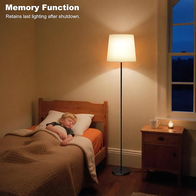 Floor Lamp with White Fabric Shade - Dimmable Standing Lamp with Foot Switch, 3 Light Modes, 9W E26 LED Bulb Included, 62" Floor Reading Light for Living Room Bedroom Office Corner, Black