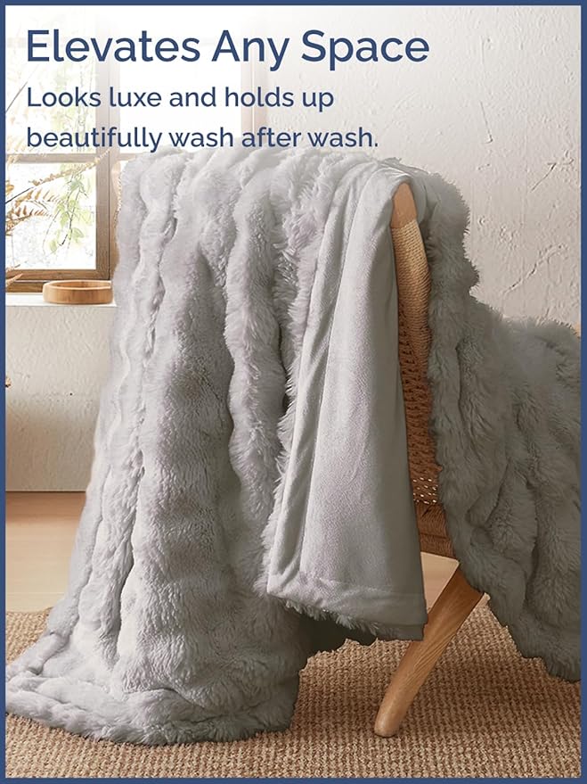 Fluffy Throw Blanket Queen Size - Faux Fur Throw for Couch or Bed - Ultra Plush Soft Extra Thick Faux Fur Rabbit Blanket - Comfy, Warm and Breathable - Luxury Minky Tie Dye Bedding - 90" x 90", Grey