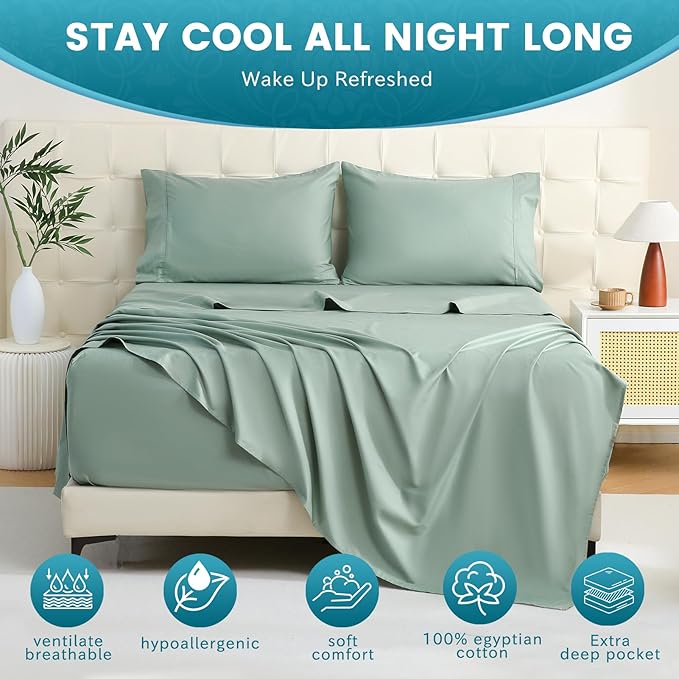 Bedlifes King Sheet Set, Extra Deep Pocket 18-24 Inches,1000Thread Count 100% Egyptian Cotton, Soft and Breathable Sateen 4-Piece,Sage Green