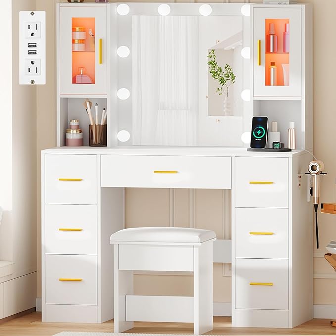 BEWISHOME Vanity Desk with Mirror and Lights,White Makeup Vanity Table with Power Outlet and Stool,Large Makeup Desk with 7 Drawers,Dressing Table for Bedroom Dressing Room FST38W