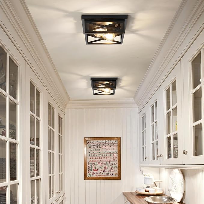 2Pack Flush Mount Ceiling Light Fixture,Black Farmhouse Kitchen Lighting Fixtures Ceiling Rustic Light Fixtures for Dining Room, Kitchen, Porch, Hallway, Entryway(Black & Gold Border)