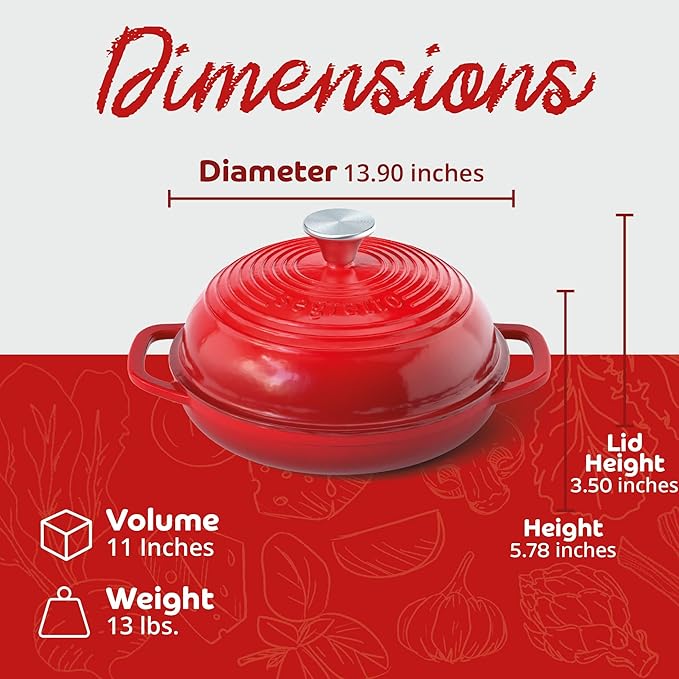Enameled Cast Iron Bread Pan with Lid, 11” Red Bread Oven Cast Iron Sourdough Baking Pan, Dutch Oven for Bread, No Seasoning Needed -Segretto Cookware