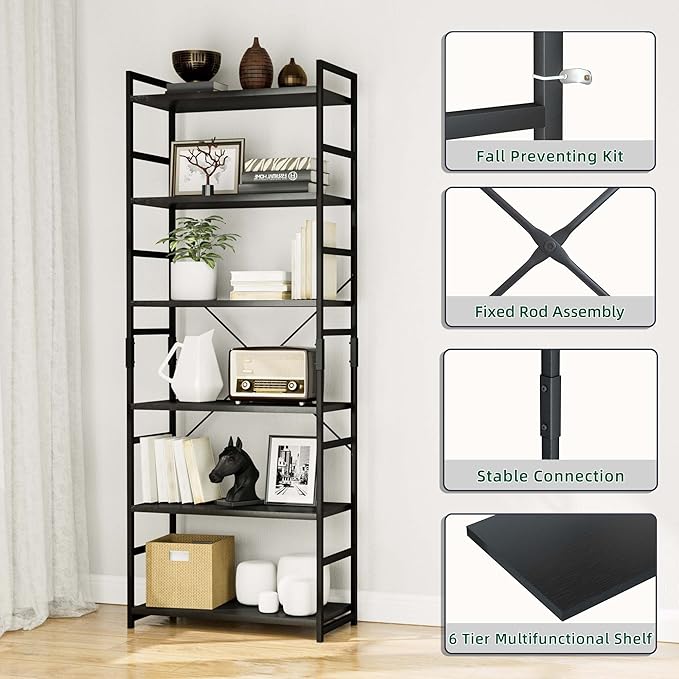 OTK 6 Tier Adjustable Bookshelf, Tall Bookcase, Office Shelf Storage Organizer, Modern Book Shelf for Living Room, Bedroom, and Home Office, Black