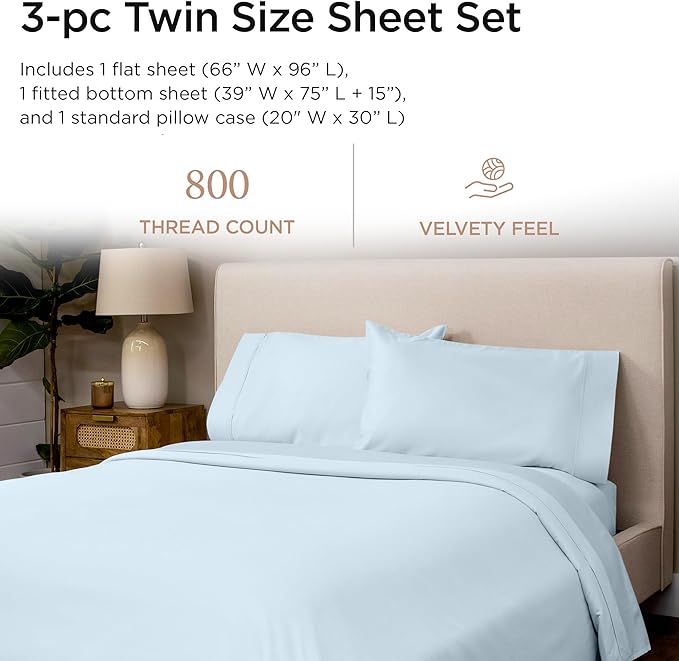 Threadmill Luxury 800 Thread Count 100% Cotton Sheets - Light Blue Sateen Weave Twin Size Bed-Sheets, Better Than Egyptian Cotton,3 Pc Solid Soft Bedding Set, Fits 15" Deep Pocket