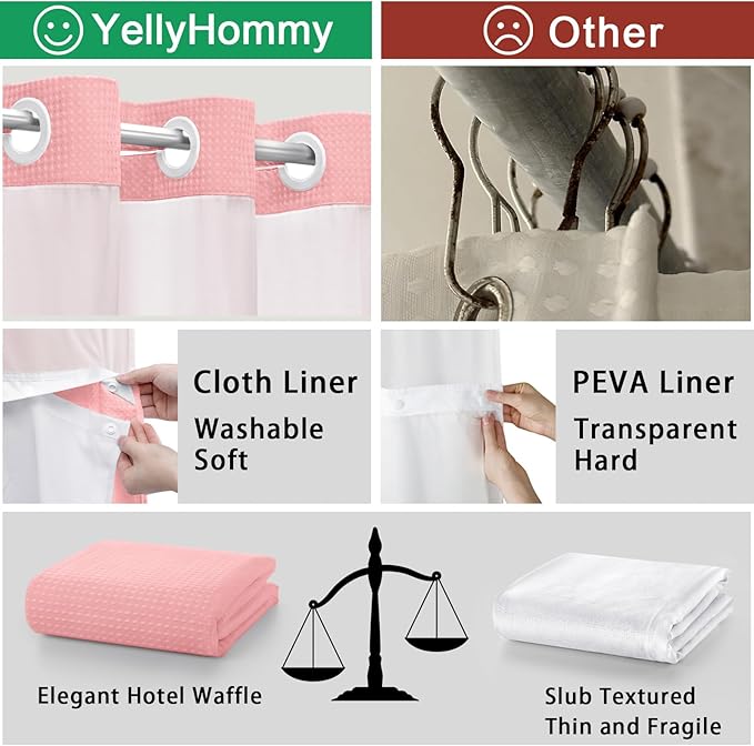YellyHommy No Hook Shower Curtain with Snap in Liner Set Less Time Pink Waffle Shower Curtain for Bathroom 75" L x 72" W Pink