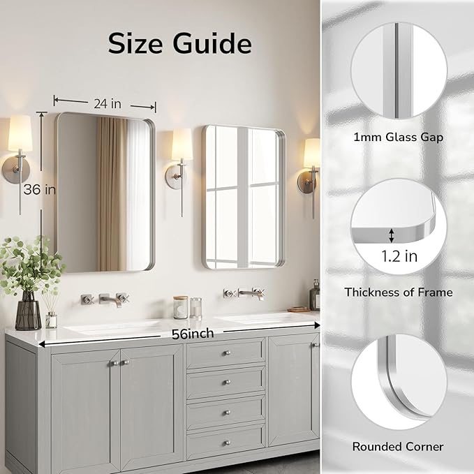 USHOWER Brushed Nickel Bathroom Mirror 24"x36", Silver Rectangle Mirror for Over Sink, Rounded Corner, Aluminum Frame, Anti-Rust, Tempered Glass, Horizontal or Vertical Mounted