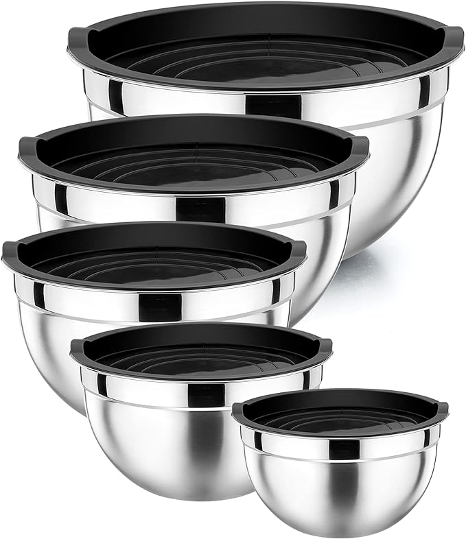 P&P CHEF Mixing Bowl with Airtight Lid Set of 5, 10-Piece Stainless Steel Nesting Salad Bowl Set for Prepping, Mixing and Serving, Size 4.6, 3, 1.5, 1, 0.7 QT, Rimmed Edges & Flat Base, Black