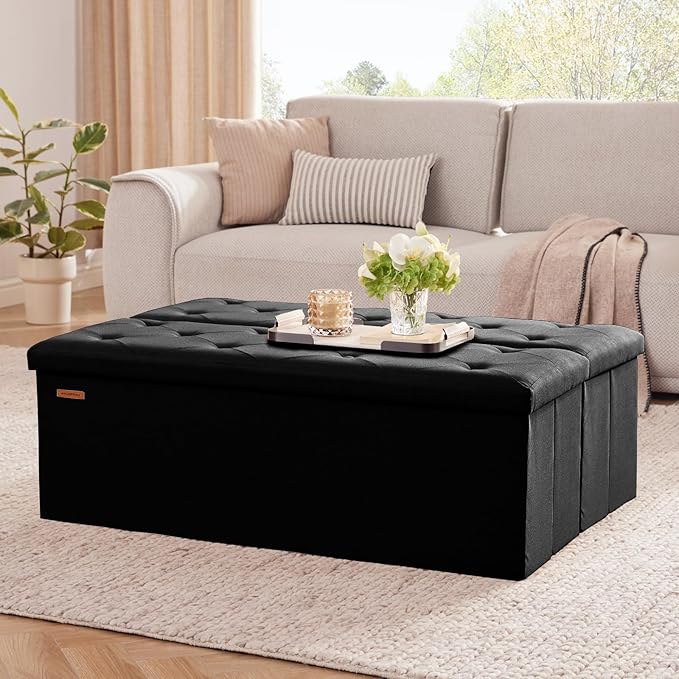 HAUSFRAU 43.3 Inches Ottoman with Storage Bench, Folding Ottoman Bench Foot Rest Stool, Bedroom Bench with Flipping Lid, Linen Black