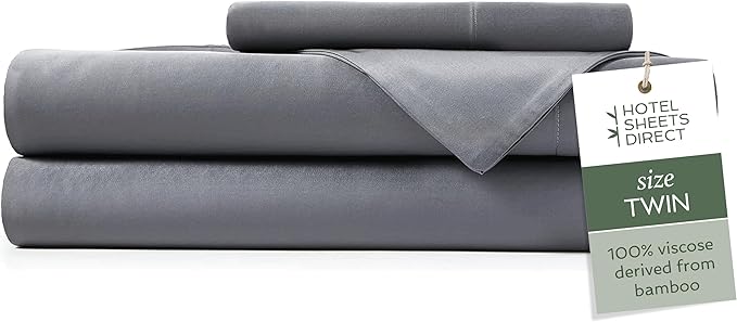 Hotel Sheets Direct 3 Piece Bed Sheet Set Twin Size, 100% Viscose Derived from Bamboo Sheets Set with 1 Pillowcase, Cooling & Breathable Luxury Bedding, Moisture-Wicking & Silky Soft, Dark Gray