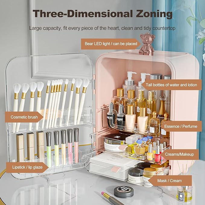 Ergocar Portable Pink Bear Series Multi-Function Make Up Case Dustproof Cosmetic Storage Box, Cosmetics Skin Care Products Jewelry Organizer Case Lipstick Box With LED Light - Pink