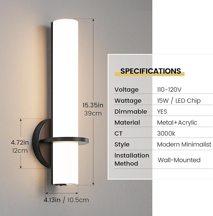 Wall Sconce Light - 15 inch Modern Black Bathroom Light Fixtures Wall Sconces Set of Two Dimmable LED Sconce Lighting, 15W 3000K Wall Light with Acrylic Shade for Bedroom Stairway Living Room