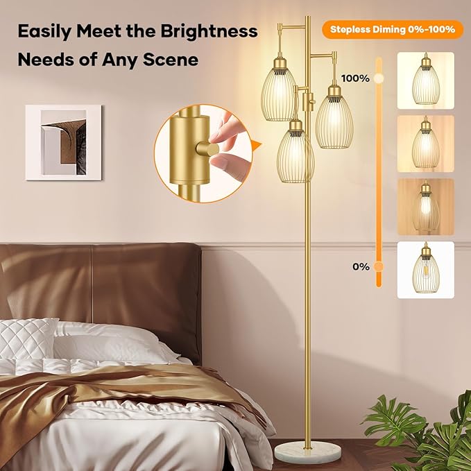 Dimmable Floor Lamp,3x800LM LED Bulbs Included, Farmhouse Industrial Floor Lamp Standing Tree Lamp with Teardrop Cage Head Tall Lamp for Living Room Bedroom Office Dining Room - Gold & Marble Base