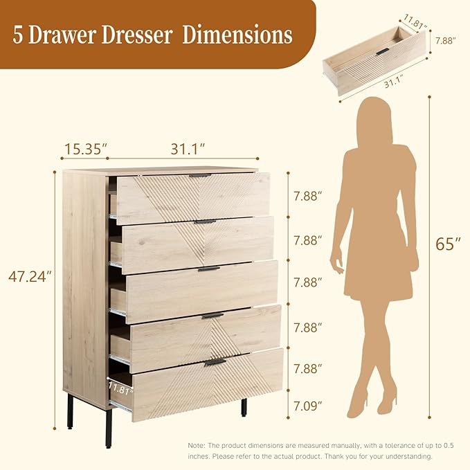 5 Drawer Dresser for Bedroom, Fluted Tall Dresser for Closet, Wooden Chest of Drawers for Living Room, Hallway
