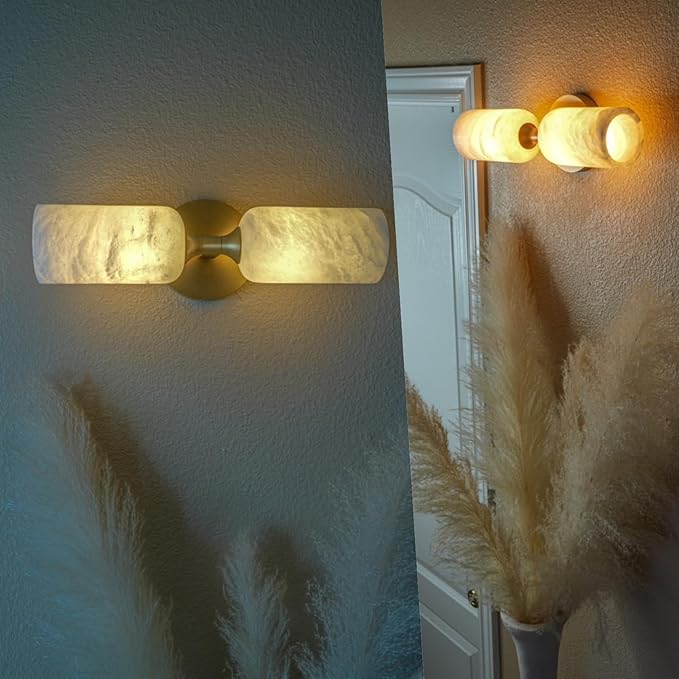 Alabaster Wall Sconces Set of Two, 14in Modern Spanish Natural Marble Bathroom Vanity Sconces, Brass Alabaster Sconce Wall Lighting, Gold Wall Light Fixtures Decor for Bedroom Living Room Staircases