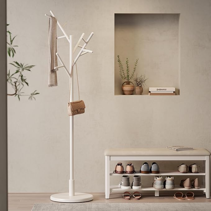 Coat Rack, Solid Wood Coat Rack Freestanding with 12 Hooks, Coat tree freestanding 3 Adjustable Heights for coat, Hats, Handbags，Coat Stand for Entryway,Bedroom (White)