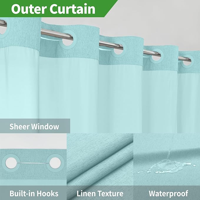 Extra Long No Hooks Needed Linen Textured Shower Curtain with Snap-in Fabric Liner Set,White Hotel Luxury Decor Shower Curtains for Bathroom,Waterproof & Washable,71Wx86H,Teal