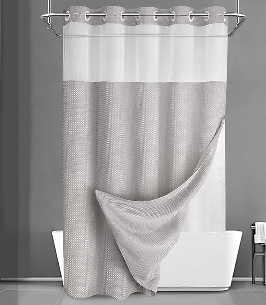 YellyHommy No Hook Shower Curtain with Snap in Liner Set Less Time Light Gray Waffle Shower Curtain for Bathroom 78" L x 72" W