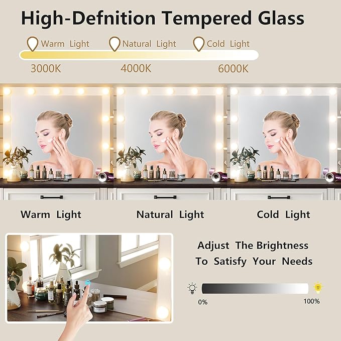 Farmhouse Vanity Makeup Desk, 43" W Vanity Desk with Lights Mirror and Drawers for Makeup, Big Modern Table Set with Stool for Bedroom, Antique White