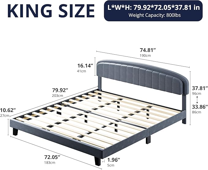 Cozy Castle King Size Bed Frame, Upholstered Platform Bed with Velvet Adjustable Curved Headboard, Mattress Foundation with Strong Wooden Slats, No Box Spring Needed, Easy Assembly, Gray