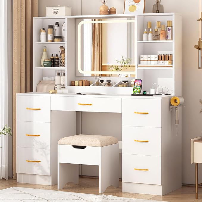 47 inch Large Vanity Desk w/ 7 Drawers,Cushion Stool,Outlet,6 Shelves,White Make up Vanity Table Set 3 Lighting Modes Brightness for Bedroom Dressing Room