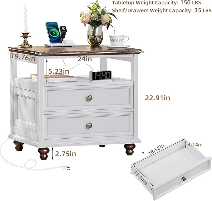 Farmhouse Nightstand with Charging Station, 24" Wide End Table with 2 Drawers,White Wood Dresser for Bedroom, Bed Side Table Chest of Drawers Cabinet,Night Stand for Living Room, Closet
