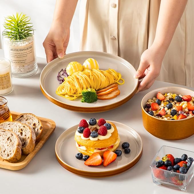 vancasso ONION Ceramic Plates and Bowls Sets, 24 Pieces Grey Dinnerware Sets for Kitchen, Reactive Glaze Dishes Set for 8, Dishwasher and Microwave Safe