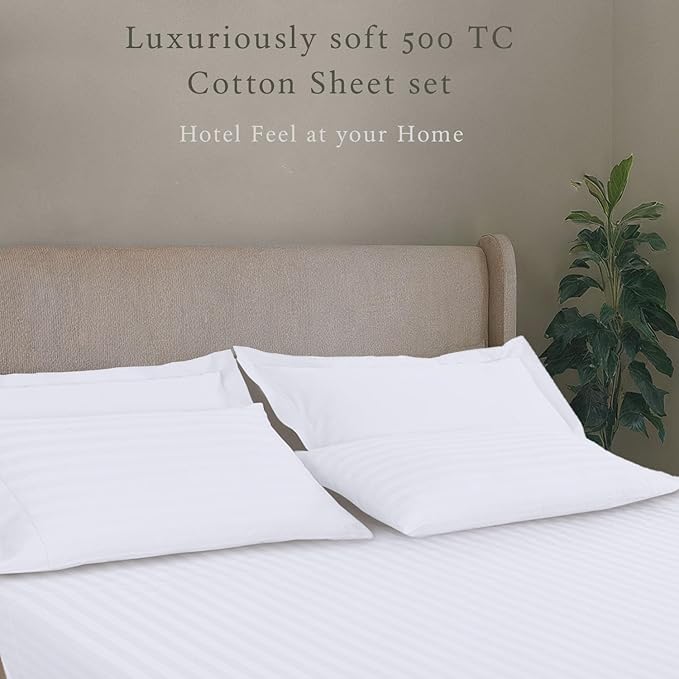 Threadmill 500 Thread Count Full Size Damask Stripe, 4 Pc Luxury Cotton Sheet Set, Silky Smooth Hotel White Sheets with 16" Elasticized Deep Pocket, 2 Pillowcases & Free Tote Bag