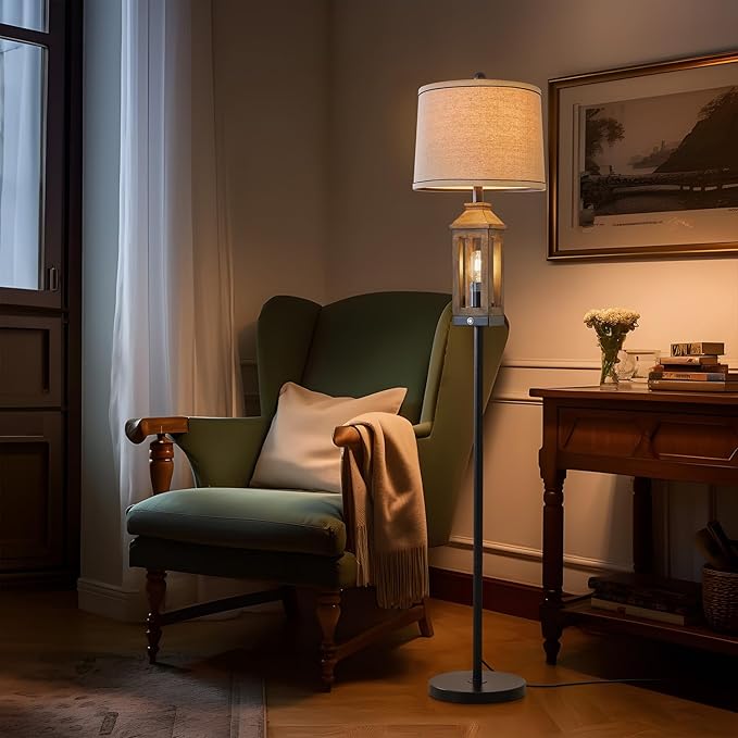 63" Farmhouse Floor Lamps for Living Room Bedside Nightstand Lamp Black Tall Standing Lamp for Home Decor Bedroom Reading Wood Lamp Rustic Bed Lights with 2 Light Sources